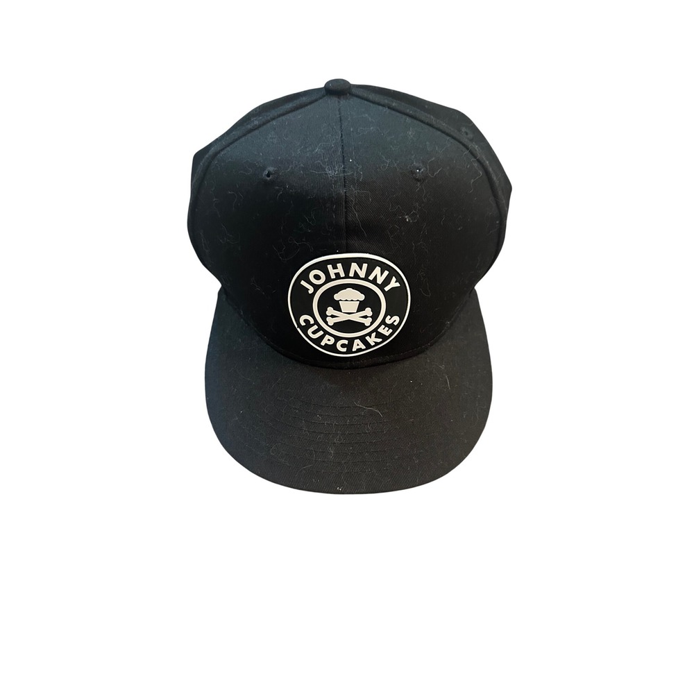 Johnny Cupcakes Mens Black Snapback Hat Logo Crossbones Flat Bill Adjustable Cap